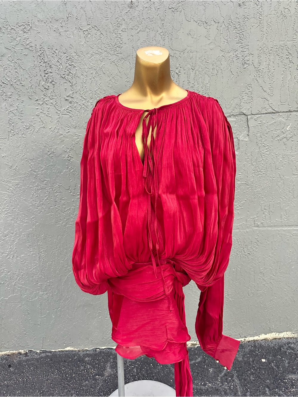Miss Rosier XS Red Draped Mini Dress Long Sleeve Tie Waist NWT